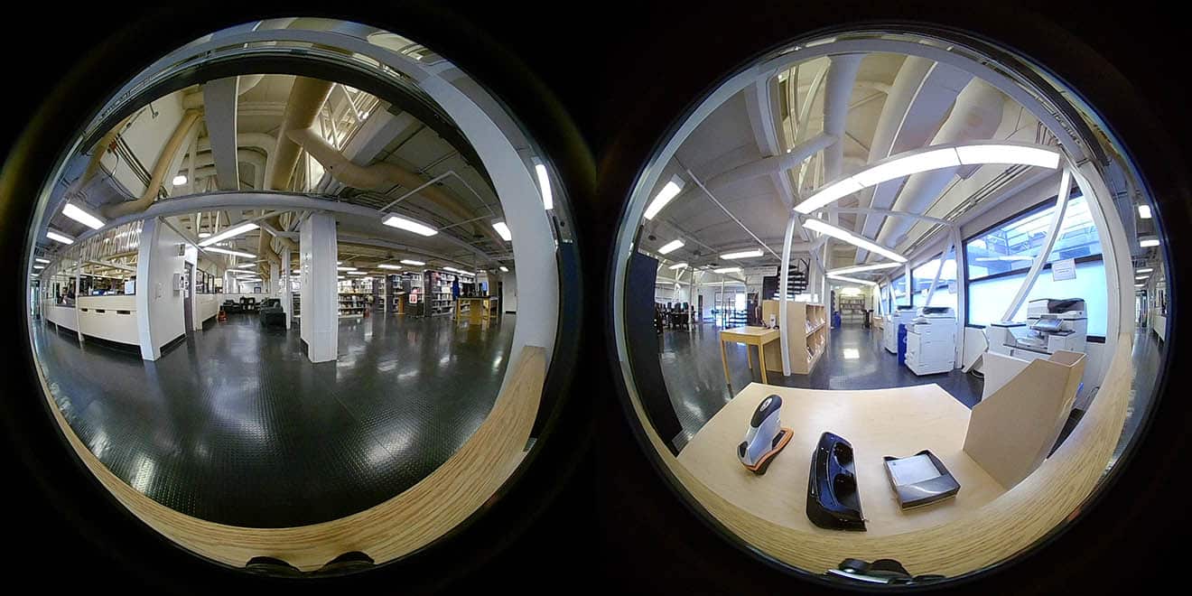 Two circular images of a view of the library. In one is black floor, ceiling pipes and book shelves, in the other a staircase and desks.